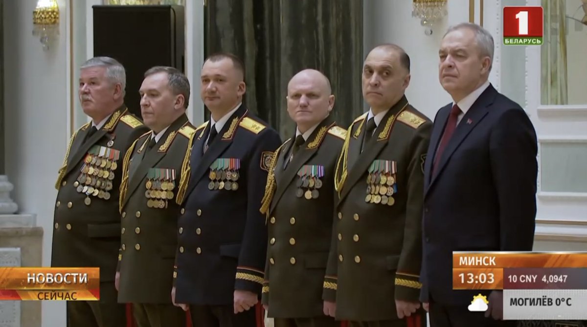 JanR210's tweet photo. #Lukashenko confirmed 🇷🇺 A-50 Mainstay at #Machulishchi airfield was attacked. 
The 🇧🇾 MoD, MoI, KGB, SC, Pres. Admin., heads among others. (who is the 1st from the left?) 
Standing &amp; looking like waiting for an executioner. 
#Belarus #Russia https://t.co/L7vs1U7cYC