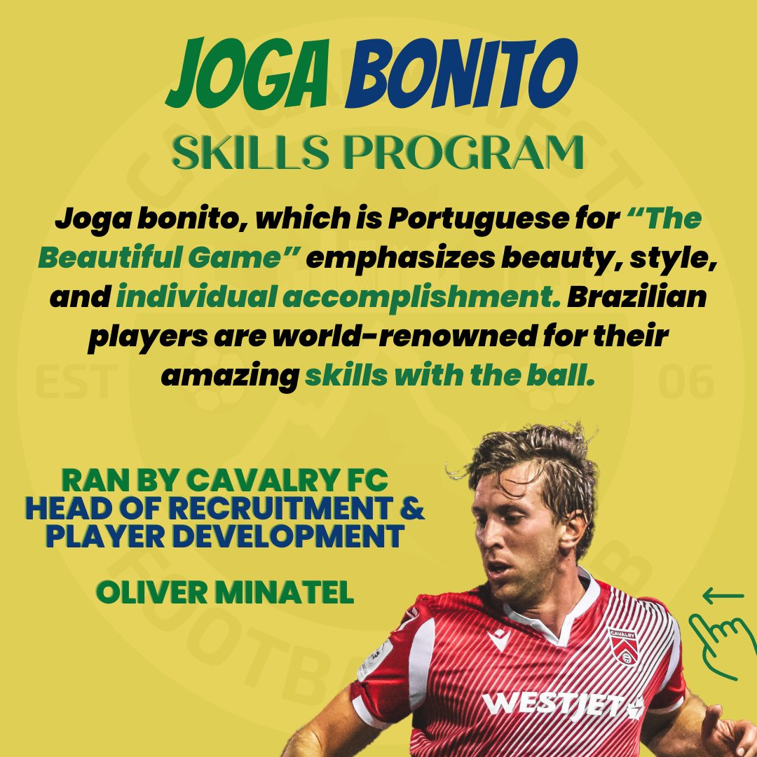 CalgaryWest_SC's tweet photo. 📣 JOGA BONITO SKILLS PROGRAM!📣 We are excited to announce a Brazilian skills program that is OPEN TO ALL PLAYERS around #YYC. Learn new skills from @cplcavalryfc Head of Recruitment &amp; Player Development @oliverminatel &amp; improve performance

Register at: https://t.co/ldf8El5n6d https://t.co/dELF5QhtWx