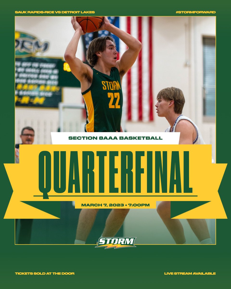 Best of luck to our Boys' Basketball team as they compete in the Section Quarterfinals tonight in Detroit Lakes! #StormForward