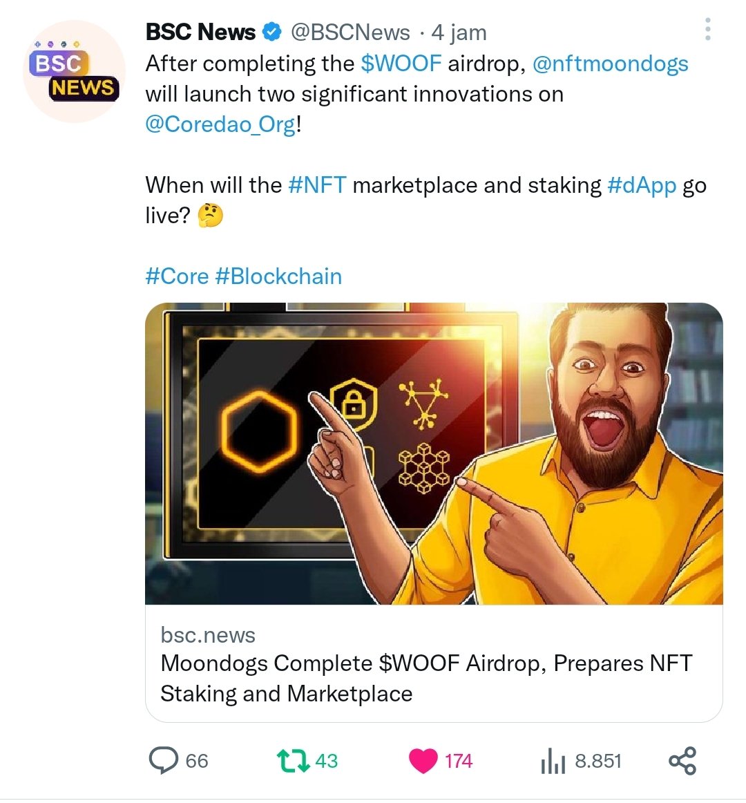 Sadaqa_Tw's tweet photo. @CoreHoneycomb @Coredao_Org @Honeycomb_Plus @TheAiCasino @archerswapcore @CoreSharky @BitcoinMagazine @ethereum @miidasnft @CoreDoge_Org @CoinMarketCap Moondog di CoreDAO Blockchain
https://t.co/ZpVPo5QtuI

Total Supply:
7,000,000 $WOOF
Contract:
0x5c44d3d2312aba4d5f2406a98bf374bc76455092
Decimals:
18
Official Site:
https://t.co/gD4Pq3SZzW
https://t.co/5B9wMiLRxi
https://t.co/JPmRtQNnAo

https://t.co/QkvP1VocRU

#CoreDAO #Core https://t.co/h8s1TJVJgE
