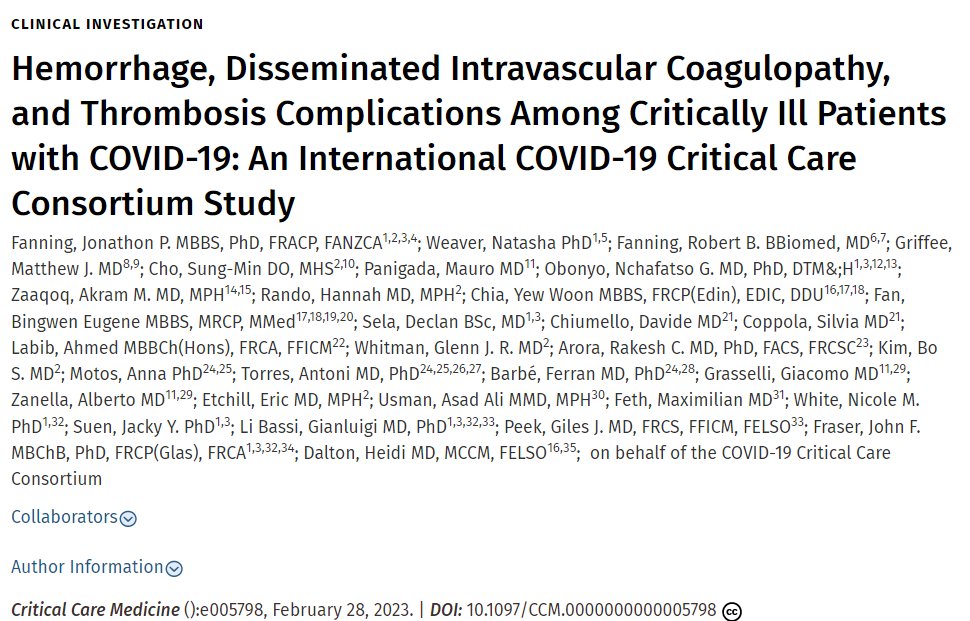 Glad to be involved in this multicenter study 🌎(229 ICUs across 32 countries) evaluating thrombotic, haemorrhagic &amp; DIVC complications in critically ill COVID-19 patients. journals.lww.com/ccmjournal/Ful… #thrombosis #COVID19