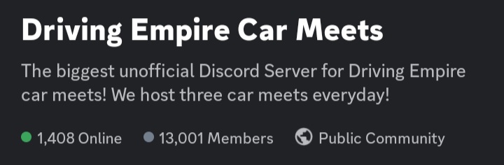 ROBLOXCarMeets's tweet photo. We just surpassed 13,000 server members on our Discord server!

DECM GOS Head Staff team would like to thank everyone that made this achievement happen!

Big thanks to our Community Managers Norep#3907 and Mk1Morgan#9986 for creating TikToks for Driving Empire Car Meets! https://t.co/VnEepgg5Tq