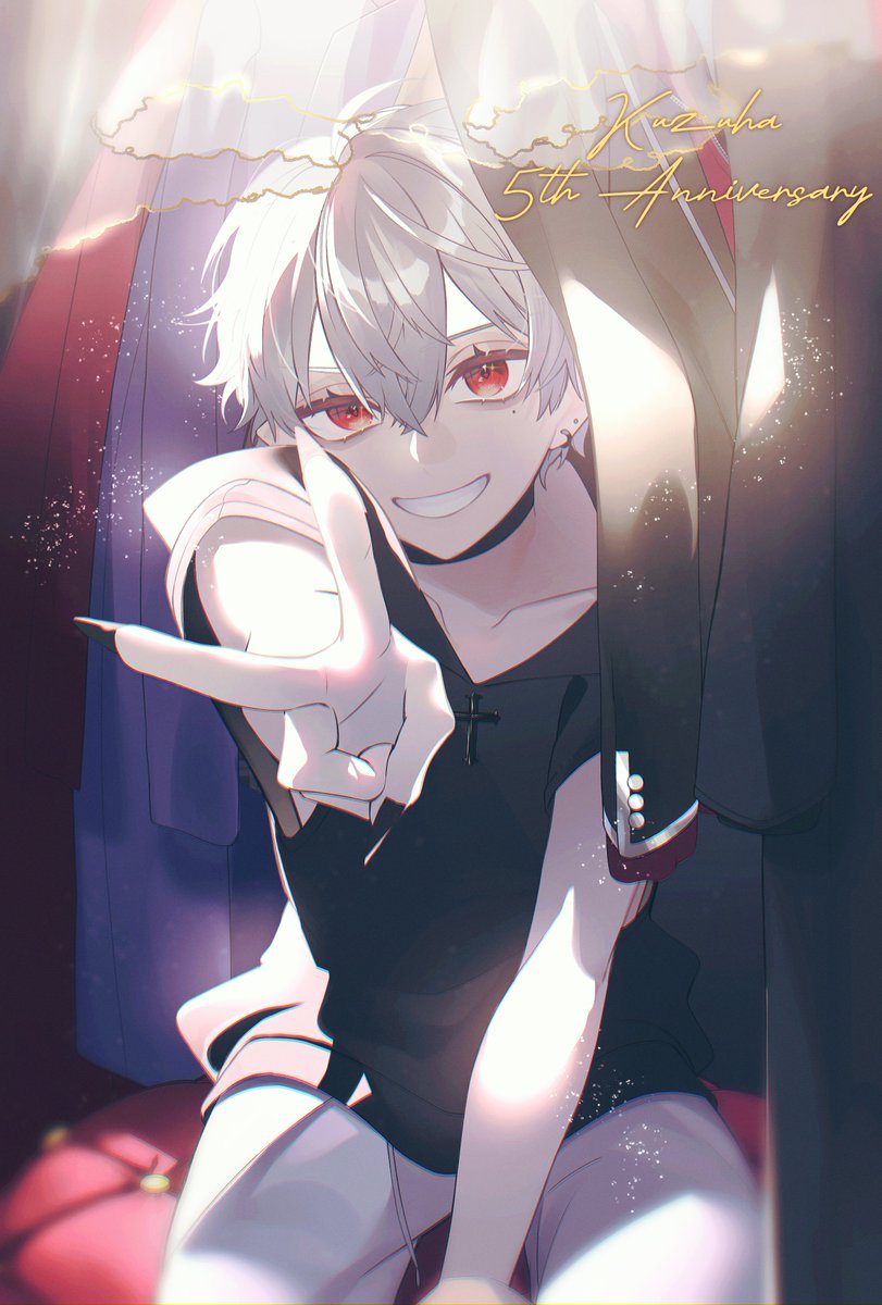 kuzuha (nijisanji) 1boy male focus red eyes smile solo looking at viewer white hair  illustration images
