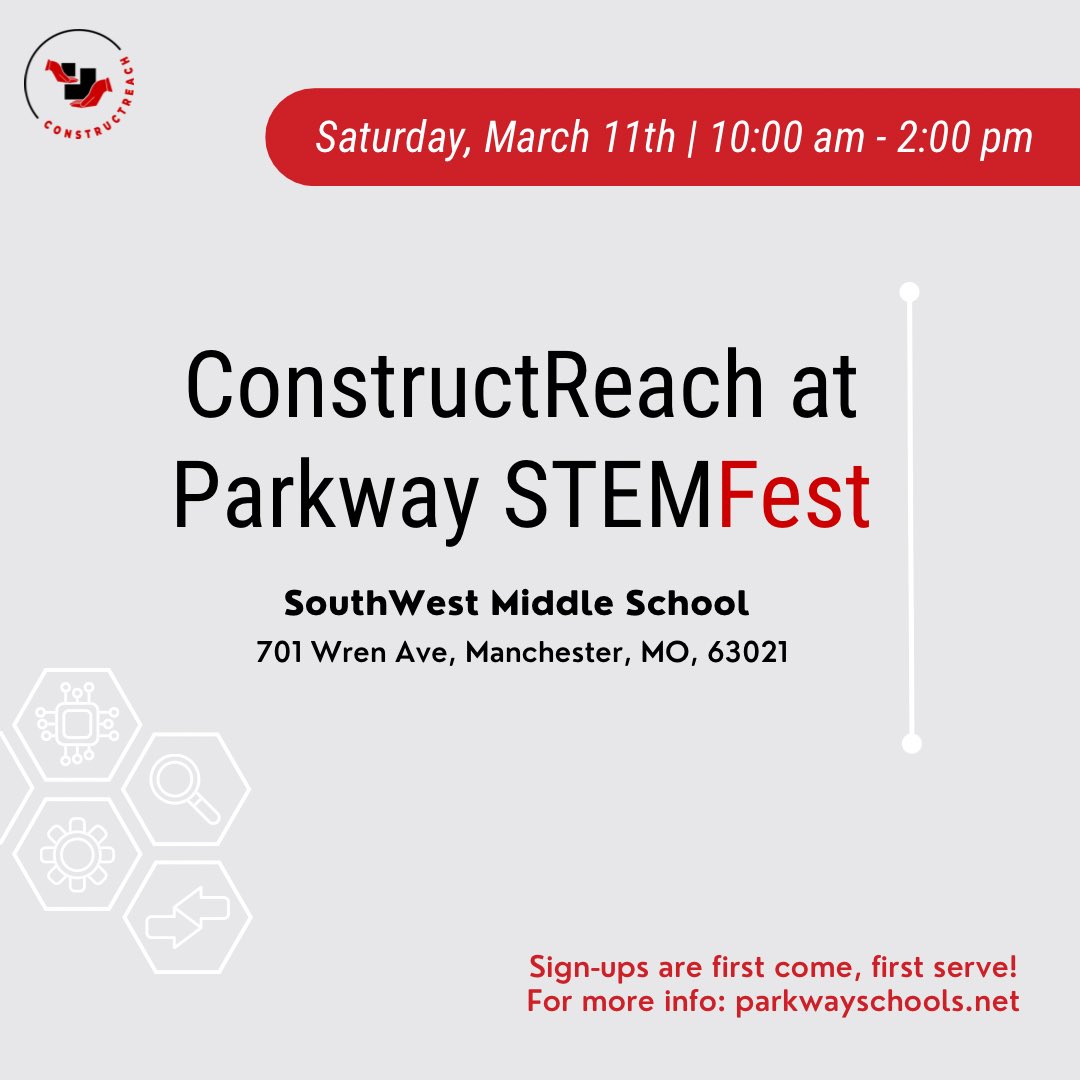 ConstructReach will be at the Parkway STEMFest this Saturday, March 11th from 10 am - 2 pm! 🔧⚙️ Sign-ups are first come, first serve!