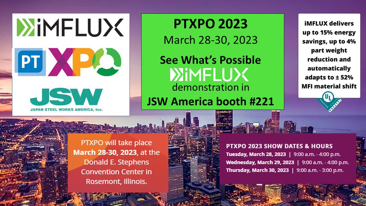 iMFLUXinc's tweet image. PTXPO23-See What&apos;s Possible! Visit JSW America&apos;s booth #221 &amp;amp; see an #iMFLUX demonstration. 
The Plastics Technology Expo (PTXPO) is a trade show created to connect the North American plastics market all under one roof. 
See you there!
#imflux #fearlessinnovation