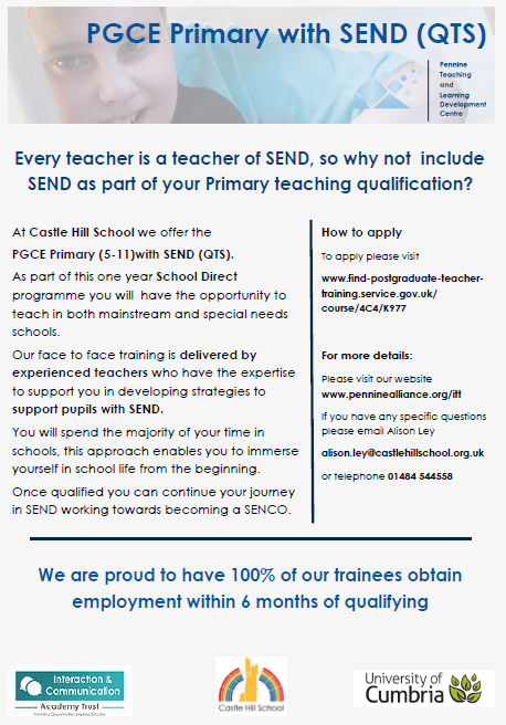 PennineTLDC's tweet photo. Looking to train as a teacher? We are running our Primary with SEND School Direct Programme for 23/24. To apply and for details visit 
https://t.co/h5JLaMWkPX
@CastleHill_ @ravenshall @southgateHD5 @PennineTLDC https://t.co/zaityfuFmM