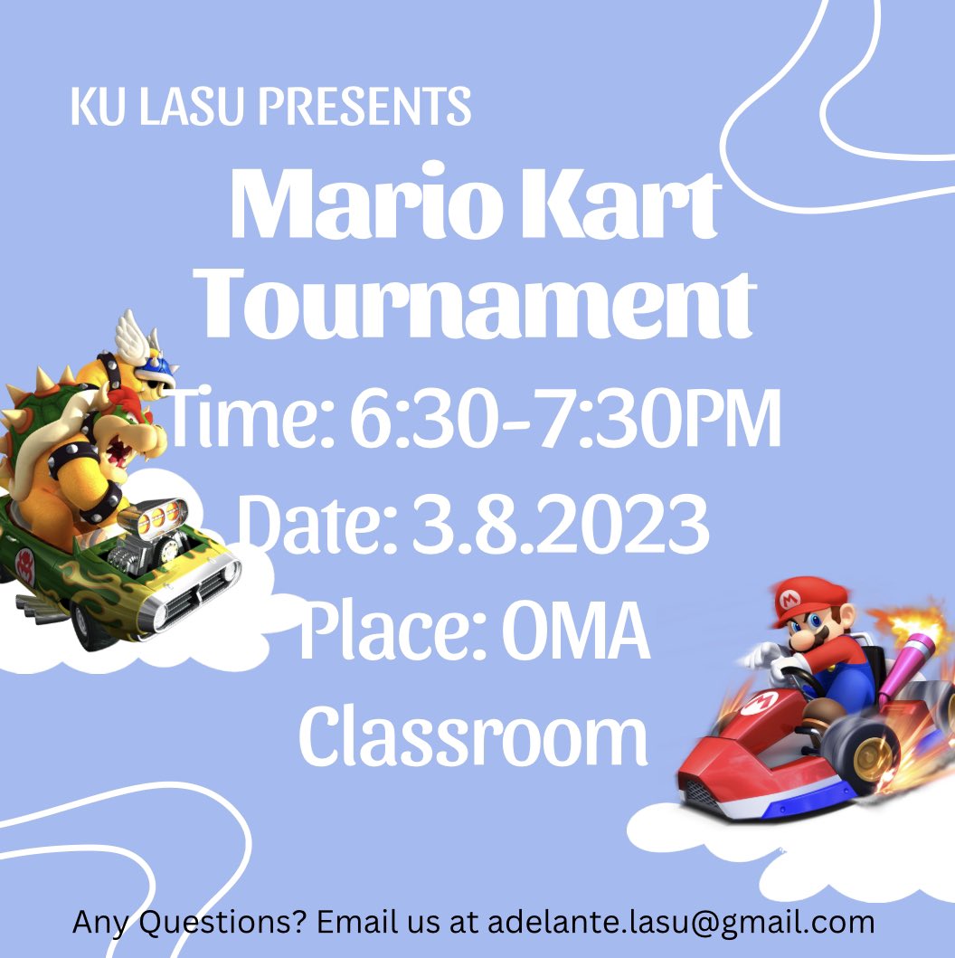 Don’t forget to stop by our Mario Kart Tournament! First two winners get a prize gift cards! Be sure to RSVP at docs.google.com/forms/d/e/1FAI…