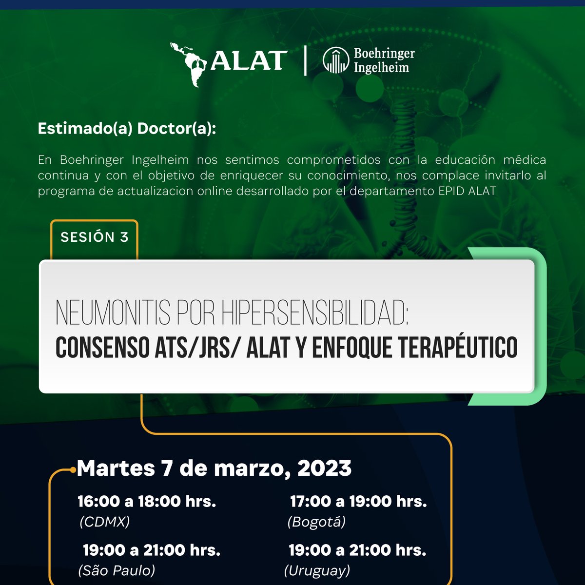 #HOY #EnfermedadesIntersticiales 🫁 Invitamos a la actividad: Neumonitis por hipersensibilidad: consenso ATS-JRS-ALAT, enfoque terapéutico. Inscríbete aquí: bit.ly/3J8GcHs  
@ALATIntersticio
 @AlatImagenes
 @ALAT_Fisiopato
 @Alat_circpulmon
 @ALATCR
 @ALAT_Asma