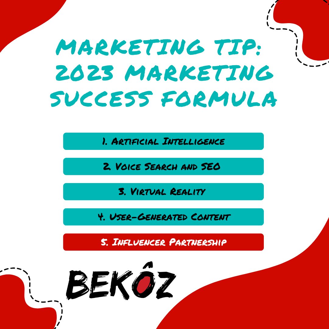 The 5th trend to look out for is #InfluencerPartnership. Influencers may be able to sway the opinion or behaviors of others, most are known for their opinions on a particular area. There are travelers, foodies, fashionistas, businesses, and more. #BekozMarketing #MarketingTip