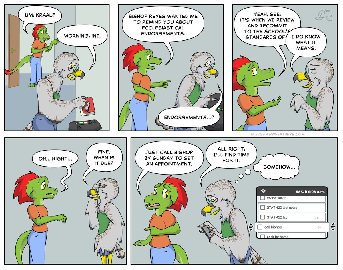 jlarkstories's tweet photo. Maybe Bishop will let you review your notes while you do your interview.
You ever notice that it's always right when you're close to the finish line that more hurdles seem to pop up? 😖
https://t.co/arPlSPB0i7

#furry #furryComic #furryArtist https://t.co/TWkiwxrb7j
