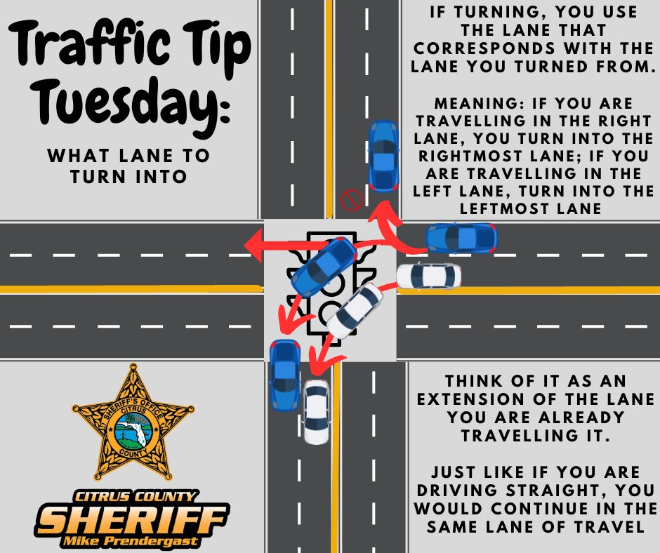 SheriffCitrus's tweet photo. Traffic Tip Tuesday: TURN INTO THE PROPER LANE 
As depicted, the blue car should turn into the RIGHTmost lane no matter if it is turning left or right. 
The white car, which was travelling in the left lane should turn into the LEFTmost lane 
#DriveSafeCitrus #CCSOEducating 
1726 https://t.co/hV3xRZji4D
