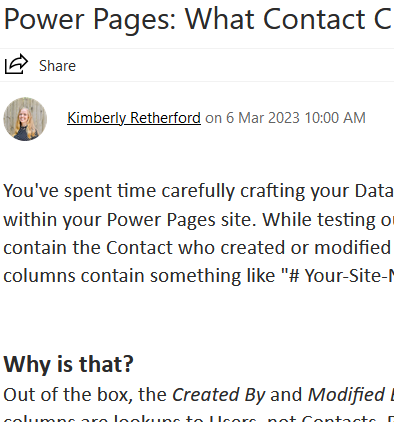 PFEDynamics's tweet image. Power Pages: What Contact Created or Modified This Dataverse Row? - community.dynamics.com/365/b/crminthe… #PowerPlatform #PowerPages #Dataverse