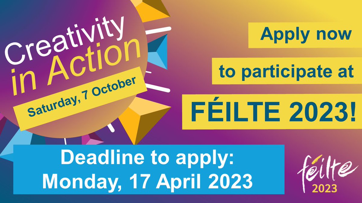📢 Calling all teachers! 📢 We have some exciting #FEILTE news! Applications to participate at #FÉILTE 2023 are now open! Submit your ideas for a Showcase, Workshop, or TeachMeet. The closing date for applications is 17 April 2023! Find out more at ow.ly/SpXY50NaHtS