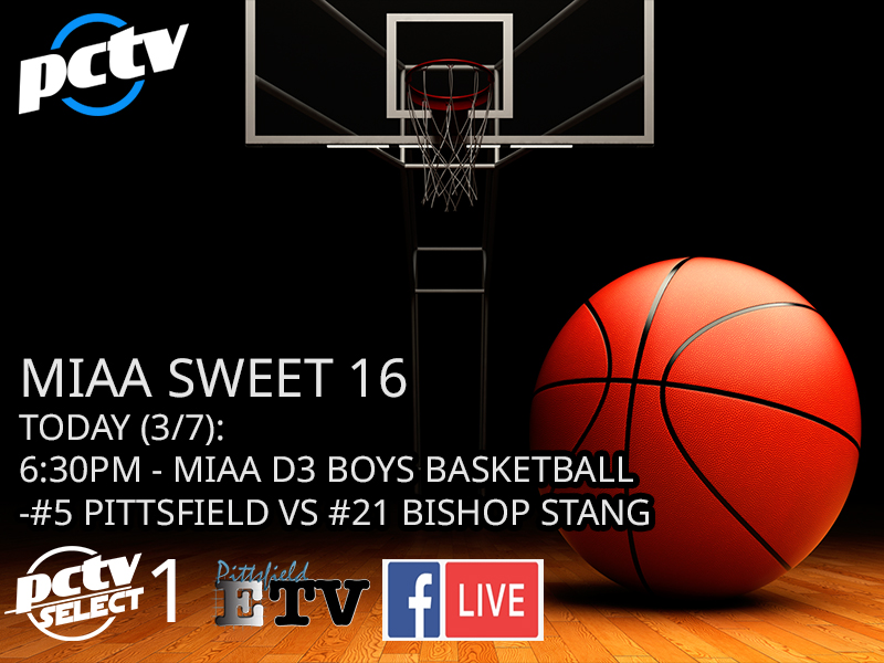TONIGHT!  <a href="/MIAA033/">MIAA</a>  tournament Sweet 16 boys basketball action featuring #5 Pittsfield High School (<a href="/PHSTaconicSport/">PHS\Taconic Sports</a>) taking on #21 <a href="/BishopStangAD/">Stang Athletics</a>.  LIVE coverage begins at 6:20pm on PCTV ETV 1302 in Pittsfield, on the PCTV Select App on PCTV Select 1, and right here on Facebook.