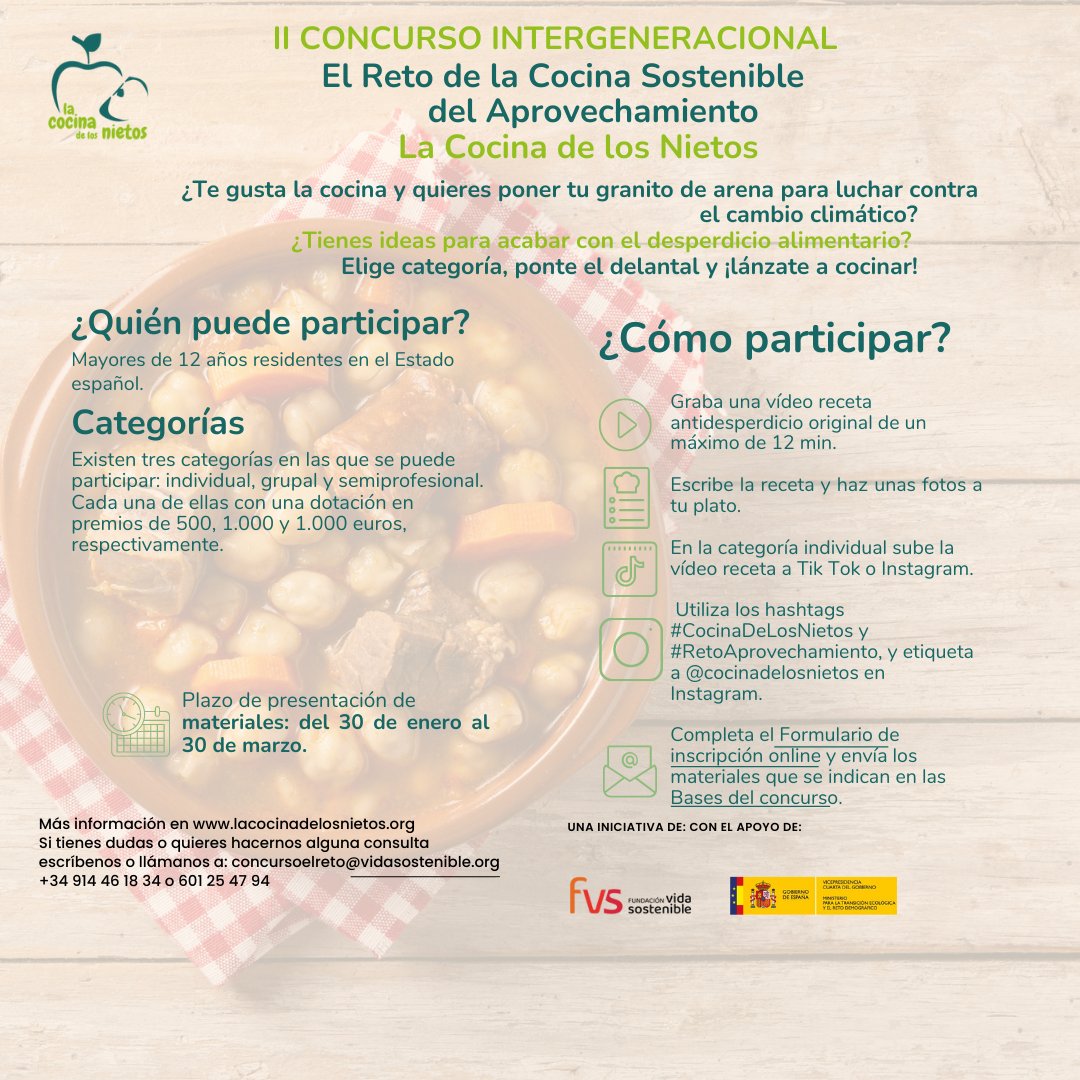 "Os animamos a participar en el II Concurso Intergeneracional el Reto de la #CocinaSostenible del Aprovechamiento La #CocinaDeLosNietos, con el que te retamos a aportar tus ideas para hacer entre todos un mundo con menos desperdicio alimentario.
Más en la descripción
#RedesVerdes