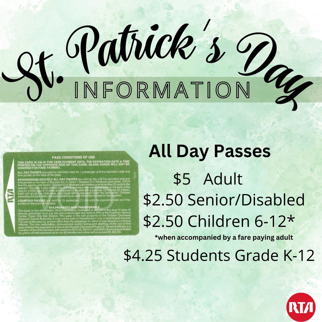 #GCRTA All Day passes are for sale at rapid stations on St. Pats. Tip #1: Use EXACT CHANGE for faster payment. #CLEStPats