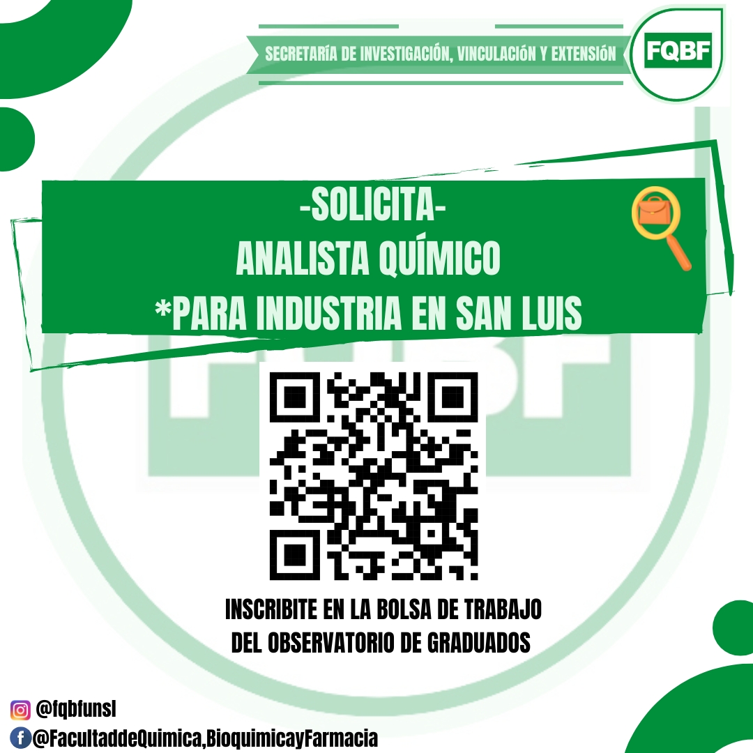 📍Se solicita profesional Analista Químico para insdustria en la provincia de San Luis. 
✋Escanea el QR para registrarte a la Bolsa de Trabajo y llená el formulario para postularte.
📲Cualquier duda escribinos al mail obsgraduadosfqbyf@gmail.com
<a href="/SebastianAnduj4/">Sebastian Andujar</a> <a href="/noticiasUNSL/">UNSL</a>