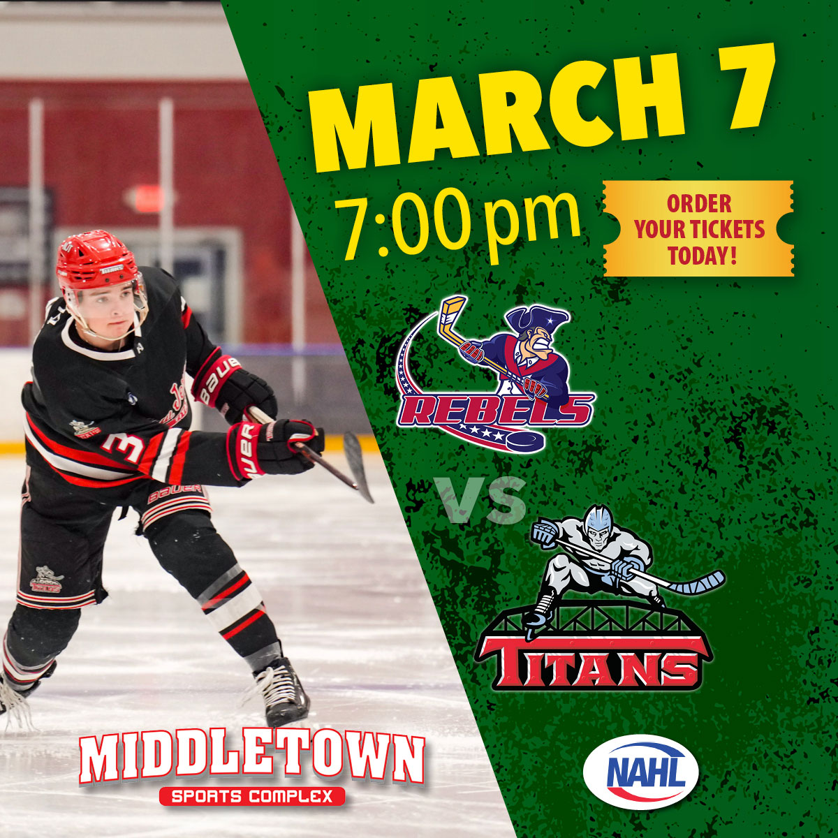 The NAHL Titans are home tonight as the push for the playoffs is on with only 14 games remaining in the regular season.

The Philadelphia Rebels, winners of their last three games by a shutout (including one against the Titans) visit the MSC with a puck drop of 7PM.
