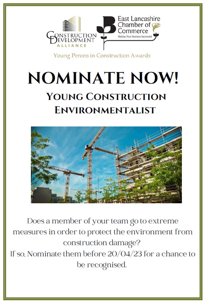cdalliance's tweet photo. Young Person in Construction Awards 2023 - Young Construction Environmentalist Award.

Do you have or know a Construction Environmentalist between 16 and 25 years old based in the northwest?

Why not nominate them?

https://t.co/iTjF9qYiLE https://t.co/dA9n9UjtzU
