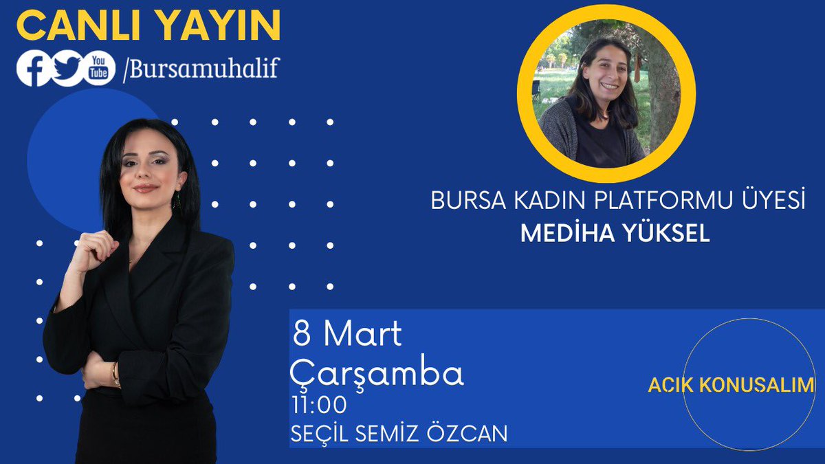 BursaMuhalif Gazetesi (@bursamuhalif) on Twitter photo Açık Konuşalım Programı'nın konuğu Bursa Kadın Platformu Üyesi Mediha Yüksel olacak. <a href="/BursaKadinP/">Bursa Kadın Platformu</a> <a href="/secilsemizozcan/">Seçil Semiz özcan 💫</a> Açık Konuşalım Programı'nın konuğu Bursa Kadın Platformu Üyesi Mediha Yüksel olacak. <a href="/BursaKadinP/">Bursa Kadın Platformu</a> <a href="/secilsemizozcan/">Seçil Semiz özcan 💫</a>