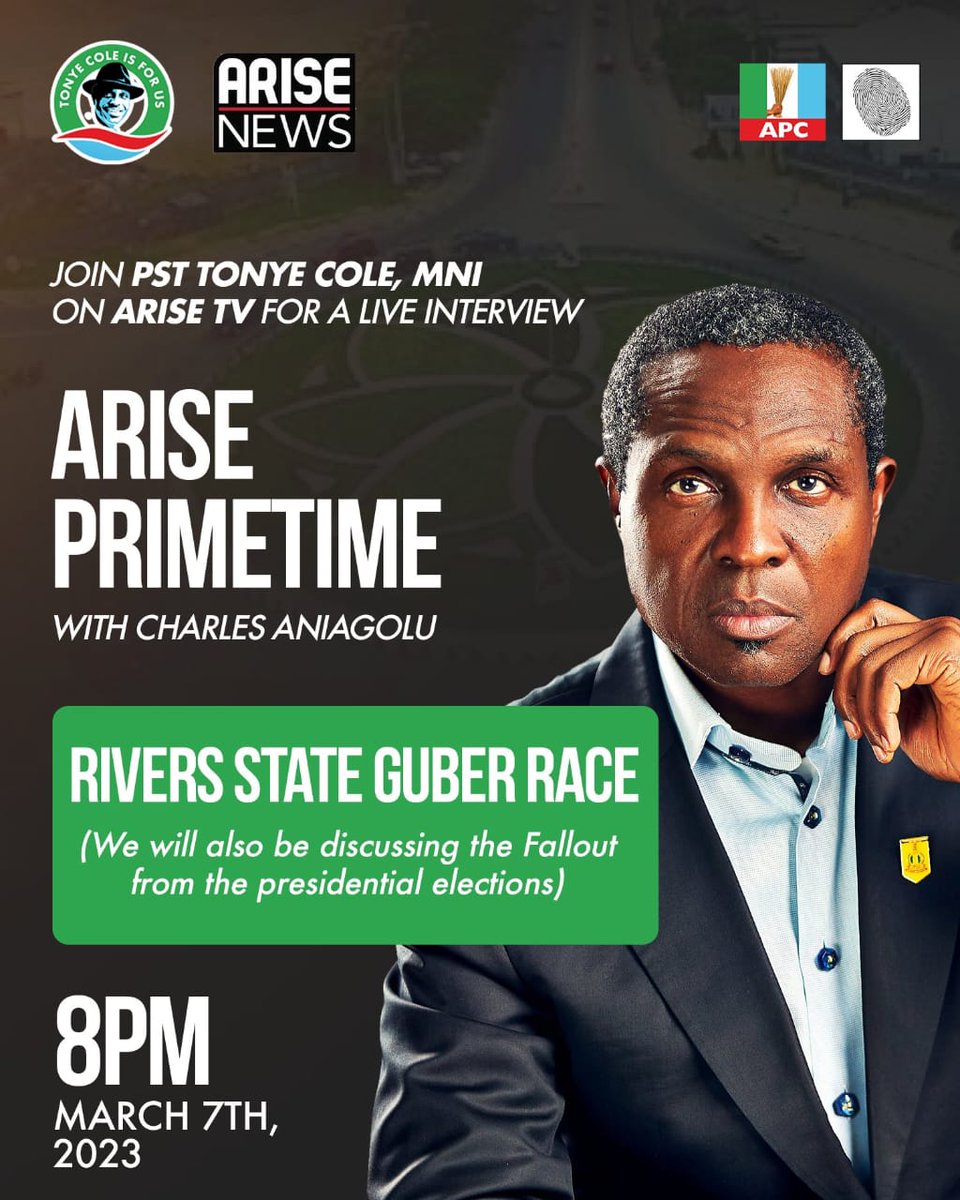 Join Tonye Cole tonight on Arise Primetime on Arise TV by 8pm with Charles Aniagolu as he discusses the Rivers State Guber Race #TonyeColeForUs #WeGoDoAm