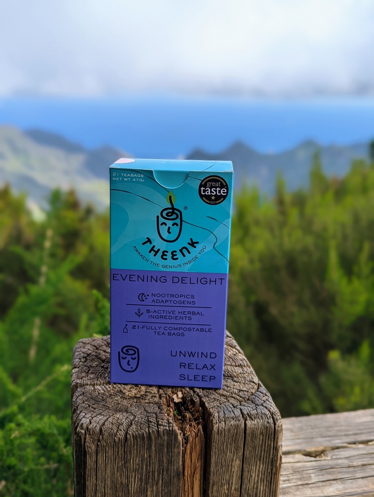 Sipping on Evening Delight, taking in the view, feeling adaptogen-ius, surrounded by mountains and ocean - the perfect way to unwind and connect with nature 🍵⛰️🌊 How do you like to relax and recharge after a long day? #TeaWithAView #AdaptogenicBliss