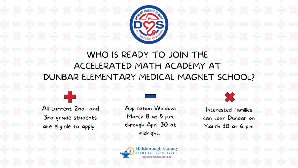 Do you have a student who LOVES math?! Our accelerated math academy program could be a perfect fit for your child next school year. Join our info session on March 30 #ONLYatDunbar to learn more! <a href="/HillsboroughSch/">Hillsborough Schools</a> <a href="/SDHCMagnet/">HCPS Magnet Schools and Programs</a>