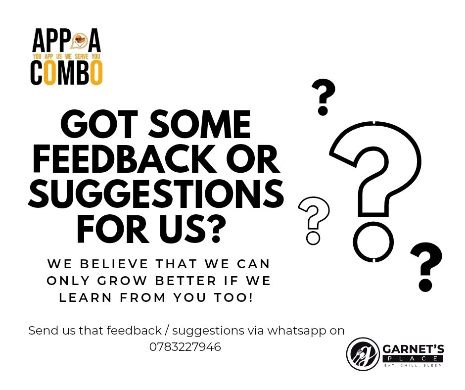 From both experience and hearsay, what would you suggest we do better @GarnetsPlace and @AppAComboZW? Throw in the suggestions via whatsapp on 0783227946. #YouAppUsWeServeYou #EatChillSleep #feedback
