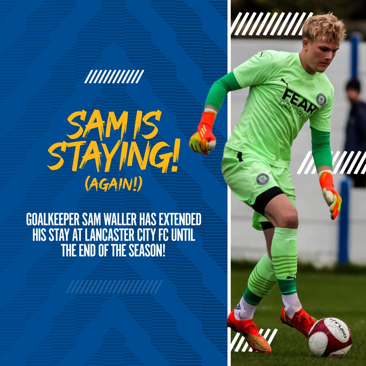 LancasterCityFC's tweet image. 🤝 | 𝗦𝗮𝗺 𝗲𝘅𝘁𝗲𝗻𝗱𝘀 𝗵𝗶𝘀 𝘀𝘁𝗮𝘆!

We are delighted to announce that goalkeeper Sam Waller has extended his stay with the Dolly Blues yet again, meaning he will be with us until the end of the season! 🧤

Read more ➡️ rb.gy/7g8uon