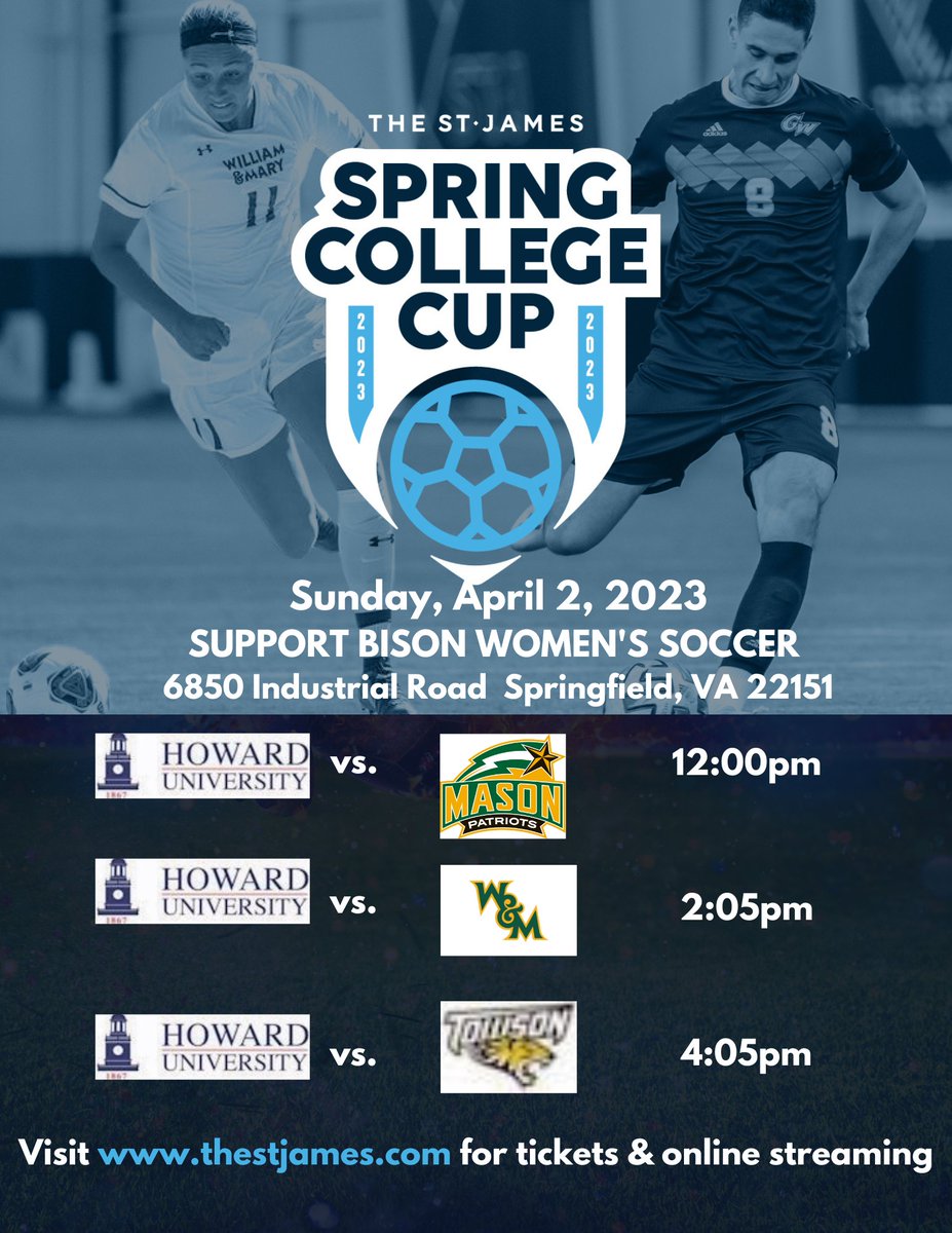 Preparing for the 2023 #SpringCollegeCup <a href="/thestjames/">The St. James</a>. Let's preview the matchups <a href="/HowardU/">Howard University</a> women's soccer will face on April 2. 

📲: eventbrite.com/e/the-st-james…