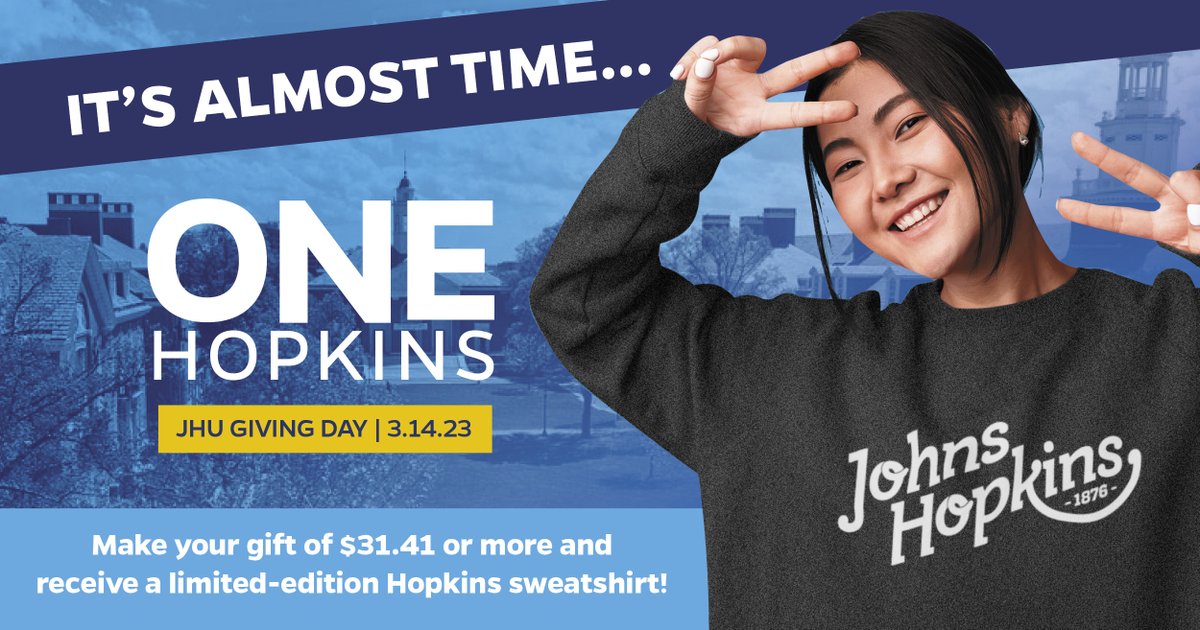 We're one week away from #ONEHopkins, and we hope you saved room for "pi!" Support the cause(s) closest to your heart at Johns Hopkins University, and we'll send you a limited-edition Hopkins sweatshirt for your gift of $31.41! Give today! bit.ly/3ILSHbM