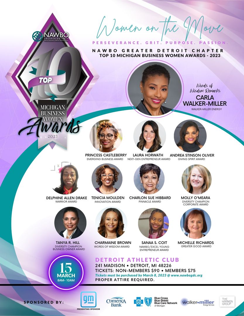 It’s last call for the 2023 Top 10 Michigan Women’s Business Awards as only a few seats are available! Purchase your tickets now so you don’t miss this must-attend event.

Join us on Mar. 15, 2023 at the Detroit Athletic Club. For tickets, visit bit.ly/3ZrPcgG