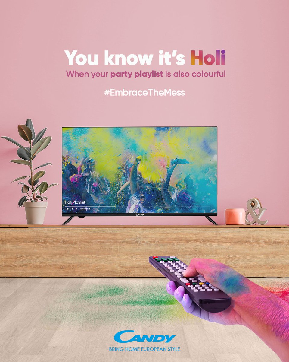 AppliancesCandy's tweet photo. You just keep your colors ready, we’ll take care of your Holi party! Feel the beats of Holi music with 60 Hz Dolby Audio of Candy LED TV.

Let loose &amp; #EmbraceTheMess this Holi. 💗

#CandyAppliances #Candy #CandyIndia #CandyLEDTV #HomeAppliances #Holi2023 #HappyHoli https://t.co/WjgdcVJv7I