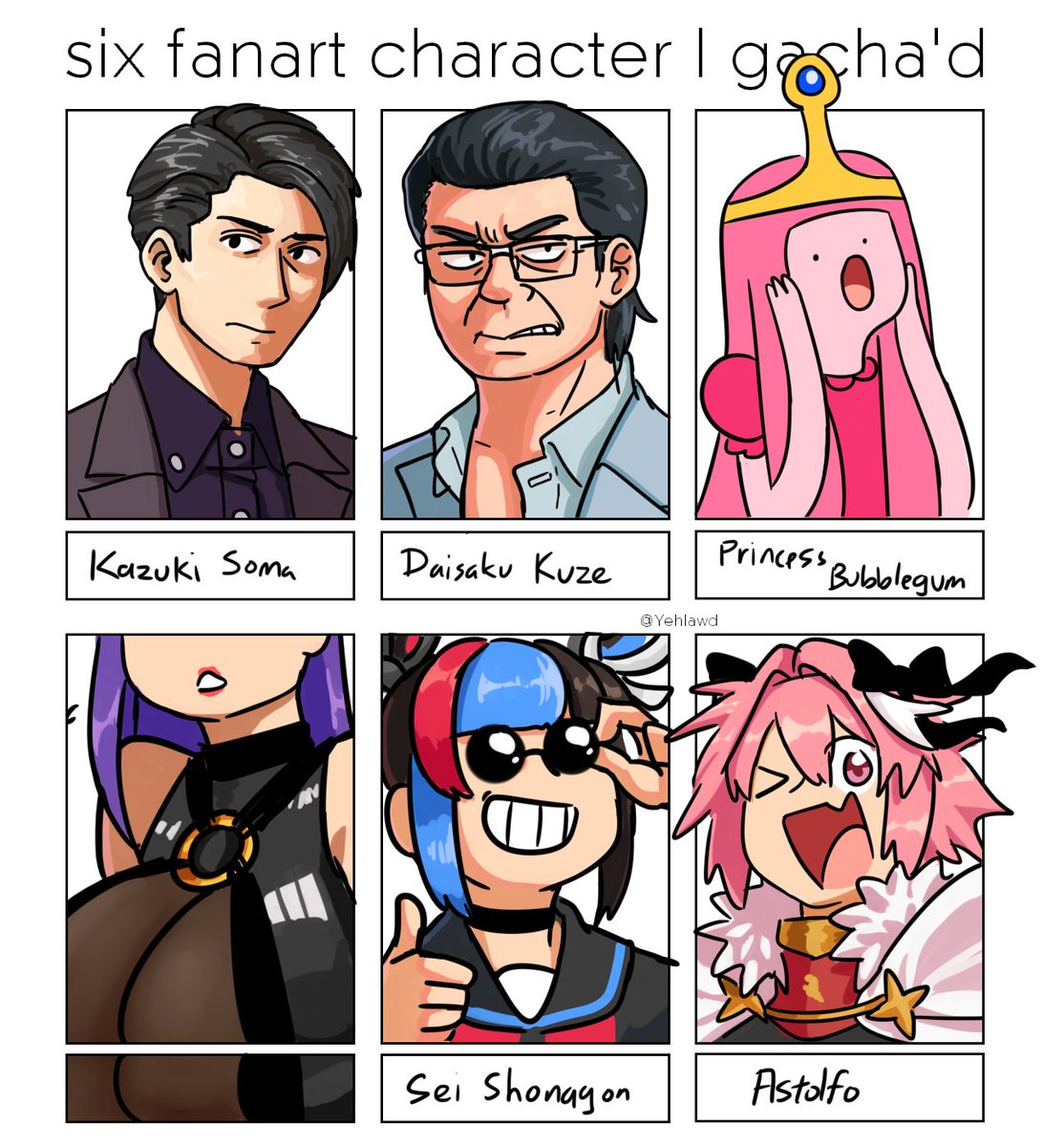 The Overdued Six fanart characters I got over 40+ replies back in January. the equal ratio between nonFGO and FGO character are all just pure coincidence... Im very tempted to draw other's prompt as well but I have no longer have the energy to spare atm 🥹 
