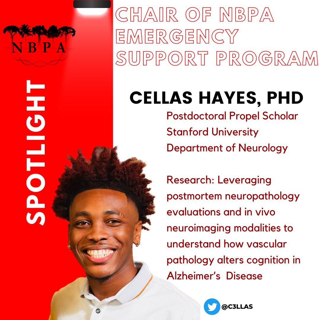 natblackpostdoc's tweet photo. Today's #NBPASpotlight is @c3llas. Dr. Hayes studies how vascular pathology alters cognition in Alzheimer’s Disease.
Dr. Hayes is our new Chair of NBPA Emergency Support Program! We are so glad to have him leading this much needed and timely effort! https://t.co/Dvxz7Pjshn