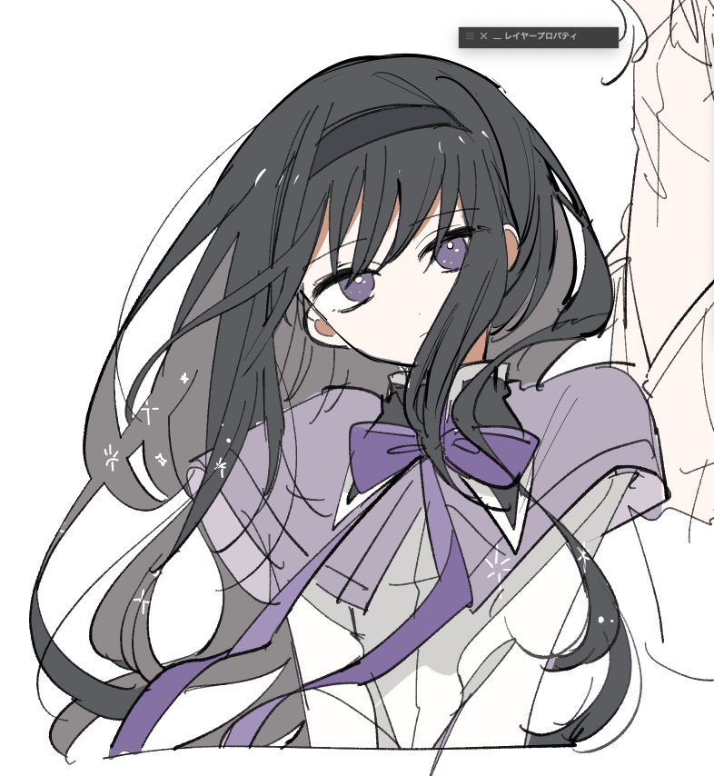 akemi homura black hair long hair purple eyes white background simple background hairband ribbon  illustration images
