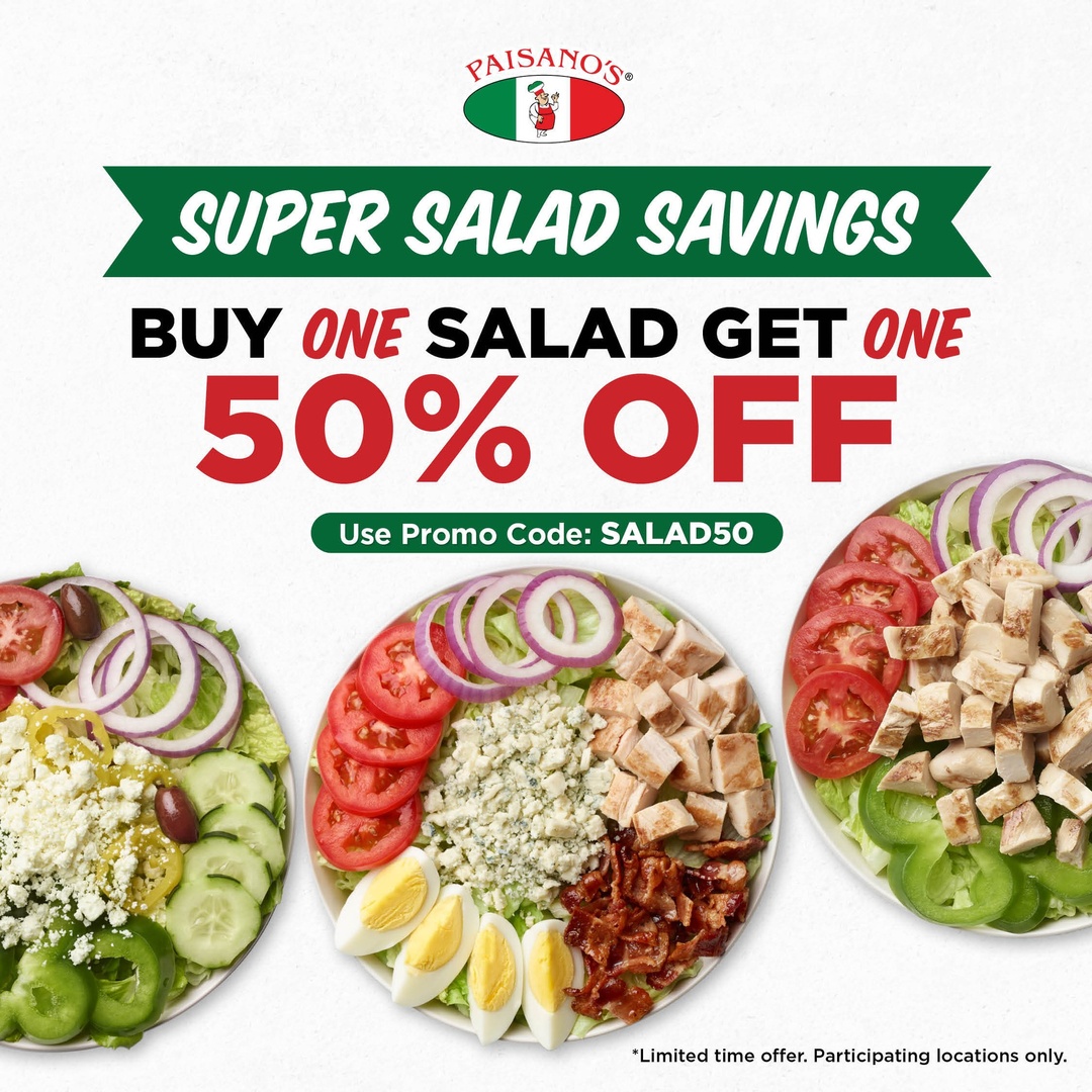 Let's finish the week strong with our Super Salad Savings! For a limited time 50% off Salads.🥗 Order online at 📲 paisanoapizza.com or use our app for even easier ordering! (Use promo code SALAD50 when ordering) Offer available Tuesday-Friday only.