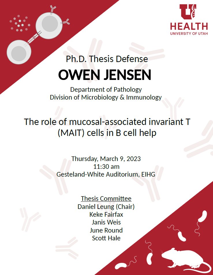University of Utah Microbiology & Immunology (@uofumandi) on Twitter photo This Thursday <a href="/Owen_D_Jensen/">Owen Jensen</a> from the <a href="/GlobalGutHealth/">Daniel T Leung</a> Lab will defend his doctoral thesis!
🗓️Thursday, Mar 9 at 11:30 am
📌Gesteland-White Auditorium, EIHG
We'd like to wish him the best of luck! This Thursday <a href="/Owen_D_Jensen/">Owen Jensen</a> from the <a href="/GlobalGutHealth/">Daniel T Leung</a> Lab will defend his doctoral thesis!
🗓️Thursday, Mar 9 at 11:30 am
📌Gesteland-White Auditorium, EIHG
We'd like to wish him the best of luck!