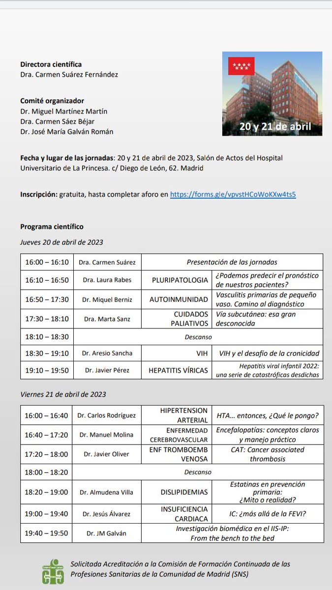 MiguelM20859810's tweet photo. I Jornadas de Actualización en Medicina Interna. H U de La Princesa. Madrid
20 y 21 de Abril 2023. ¡Charlas de máxima calidad y actualidad!
 Inscripción gratuita. https://t.co/BvaZFtXMAf