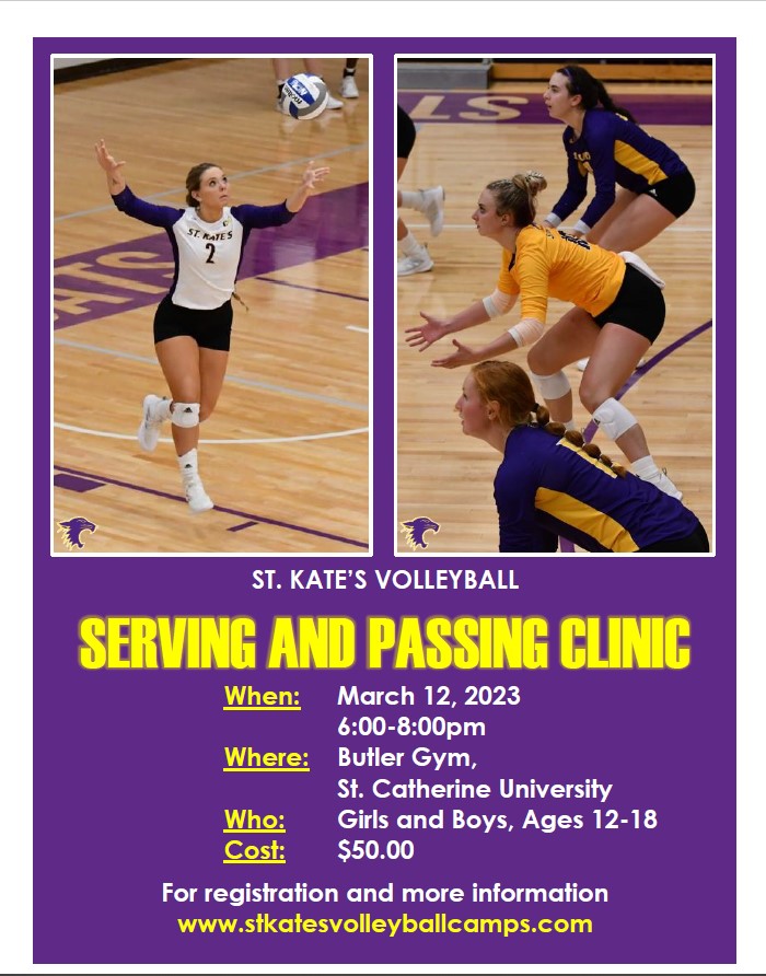 Less than 5 days until our first Spring Clinic!
Serve and Pass Clinic THIS SUNDAY, March 12th.
Visit stkatesvolleyballcamps.com to get registered!