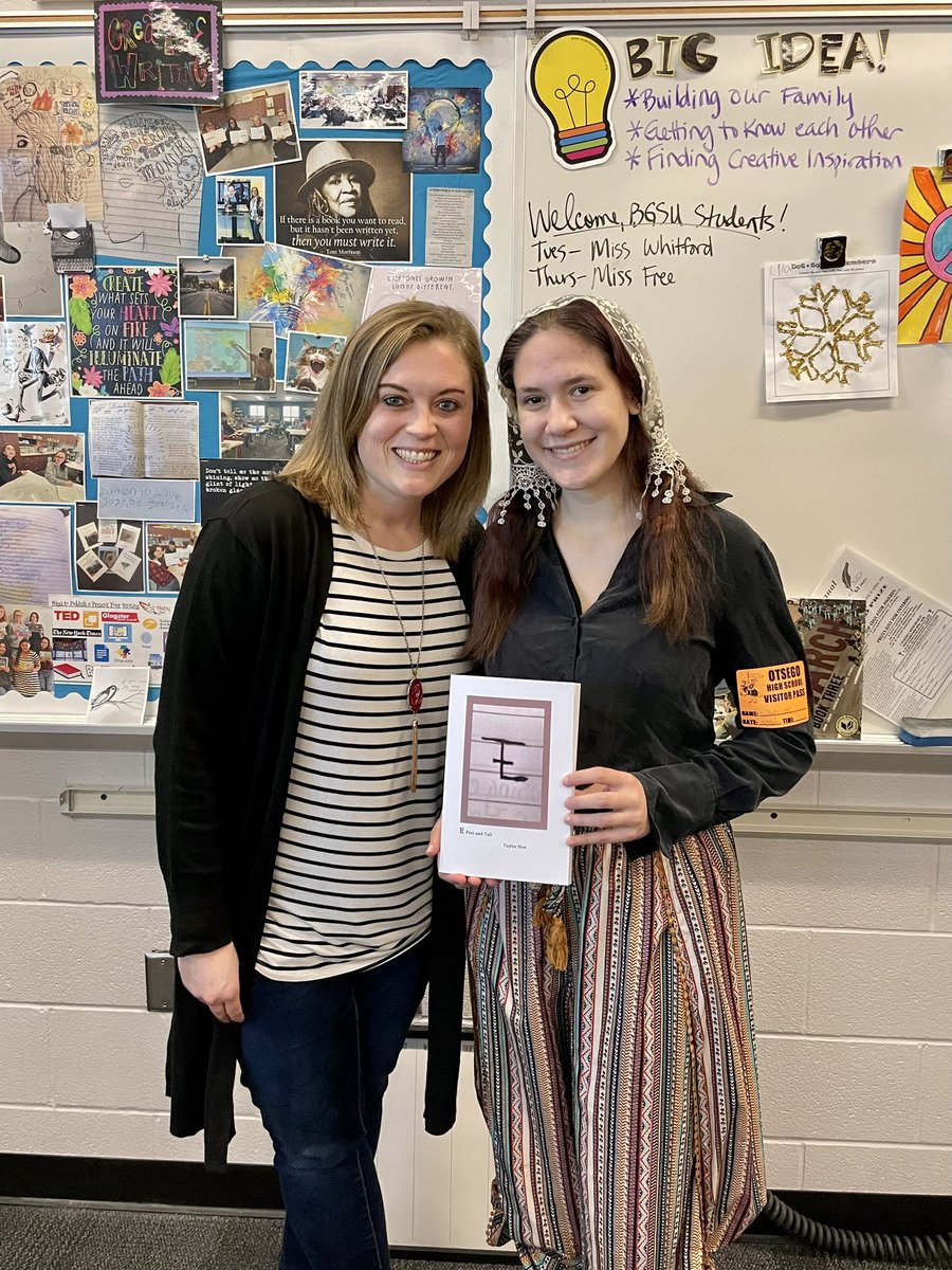 TeenTeacherLA's tweet photo. It was my pleasure to welcome Tay Noe as my guest speaker this morning! Taylor published a book of poetry she wrote during high school and titled it after her short poem written in here! It is great to see former students doing amazing things! #CreativeWritingKrupp #OtsegoKnights https://t.co/d5OTQewItx