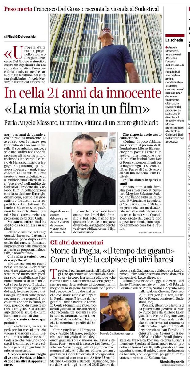 Errorigiudiziar's tweet photo. Grazie a @ndelvecchio8 che sul @corrmezzogiorno di oggi #7marzo parla del nostro docufilm #PesoMorto (in concorso al @sudestival) con questa intervista al protagonista Angelo Massaro. https://t.co/OEbeWbuIeo