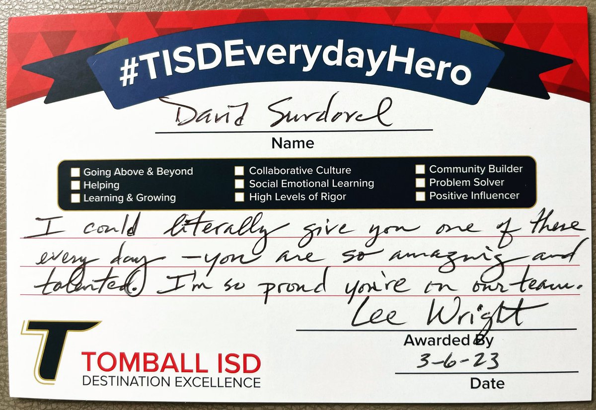 DaveSurdovel's tweet image. I told myself I wouldn’t cry today🥹 Thanks @MrWrightGigEm!🙌🏻 Leaders - you have an incredible impact on those you supervise!😊 #TeamTomball #DestinationExcellence #TomballMath #happiestdistrictonearth #HeroesLead #SpiritOfTomball #TotallyTomball #TISDWeGotThis