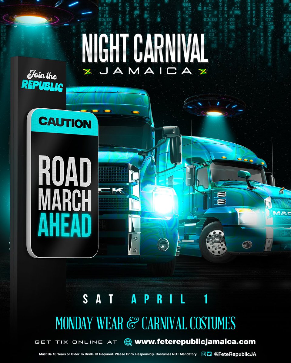 VinsaJA's tweet photo. 🚨 ROAD MARCH ALERT 🚨 

2 Music Trucks. The best DJs. 1 Amazing Road March. 

Night Carnival Jamaica will be a movie.

The Invasion is coming &amp; it won’t be televised👽

Get your tickets from @feterepublicja https://t.co/FiY2GxiRTD