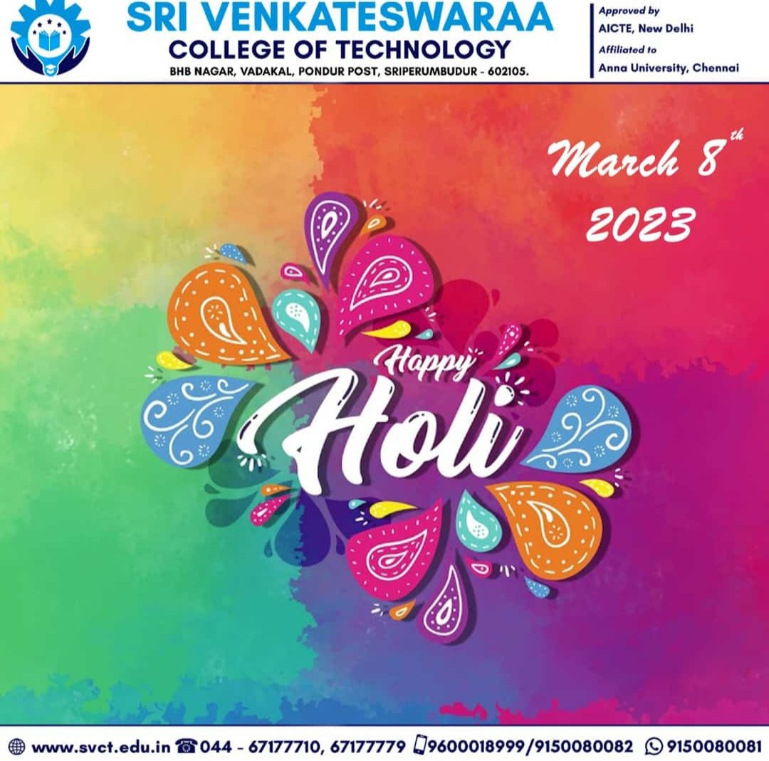 MediaSvct's tweet photo. SVCT Wishes you good health and prosperity. May God shower his blessings on you on the auspicious occasion of Holi. 
#svctvirtual #bestcollege #topcolleges #happyholi #celebration #fun #colourful https://t.co/450xJwWjEX
