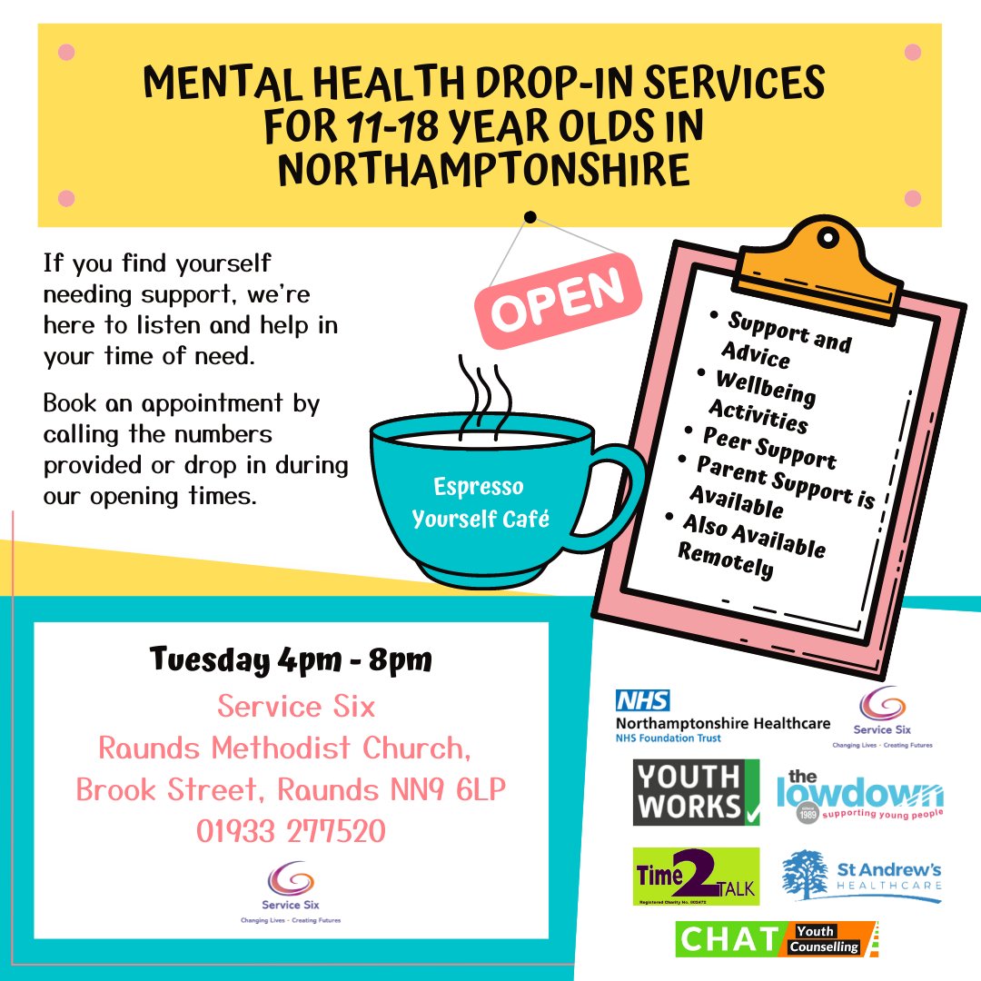 RAUNDS Wellbeing Drop-in is open today 4pm - 8pm.

Our team will be there if you need someone to talk to, offload or get some support with your mental health or wellbeing.

#youngpeoplematter #mentalhealthsupport #DropInSession