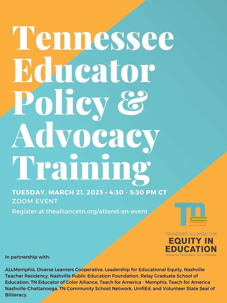 Are you an educator or advocate who wants to better understand the policy making process, legislative advocacy, and current bills moving through the Tennessee General Assembly? Join us for TN Educator Policy &amp; Advocacy Training. Register here: thealliancetn.org/event/tennesse…