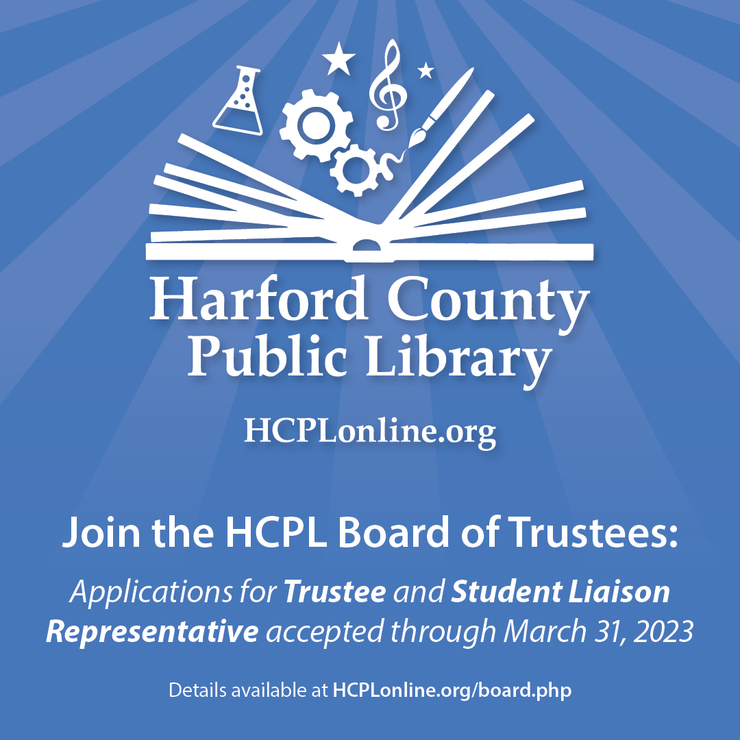 hcplonline's tweet photo. Want to help support the #library? Join the #hcplmd Board of Trustees! Both the Student Liaison Representative and Trustee applications are open until March 31. #libraries #mdlibraries #harfordcountypubliclibraries #harfordcounty #librariesofinstagram #library https://t.co/5jOIegkhlF