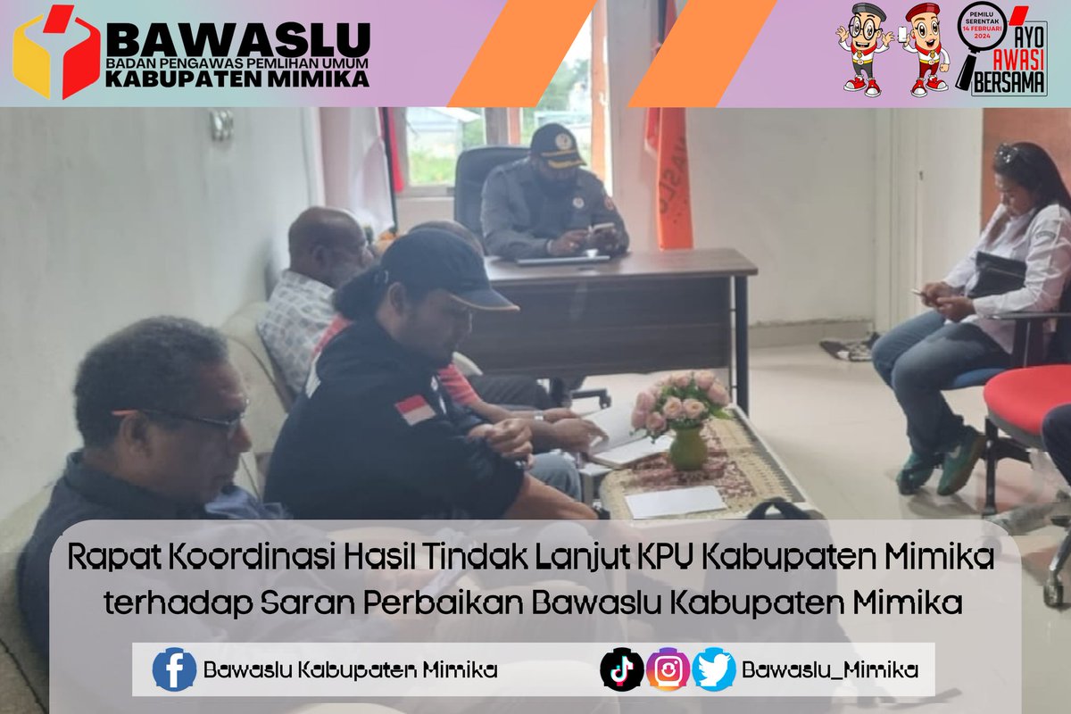Senin, 06 Maret 2023
Bawaslu Kabupaten Mimika Mengundang KPU Kabupaten Mimika dalam Rangka Rapat Koordinasi terkait saran Perbaikan Tahapan Pencocokan dan Penelitian.

#KawalHakPilih
#AyoAwasiBersama
#BawasluMengawasi
#BawasluTidakSendiri