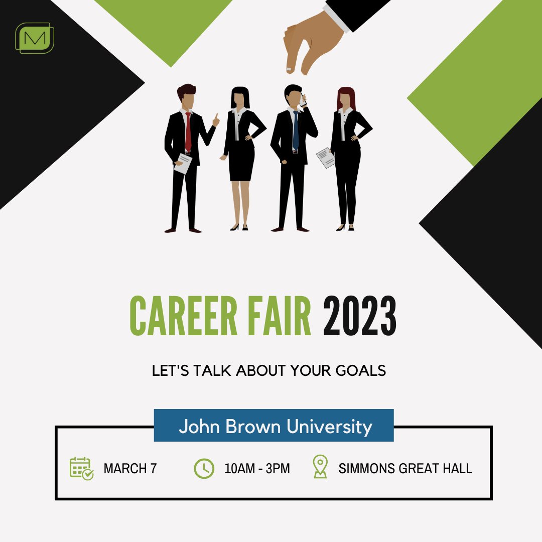 metova's tweet image. 📢 @Johnbrownuniv students, Metova will be on campus for the Career Fair today, March 7th from 10:00 a.m. to 3:00 p.m. CST.

We invite you to visit our booth to learn more about our early careers! We look forward to meeting you 💚 #JohnBrownUniversity #JBU #CareerFair